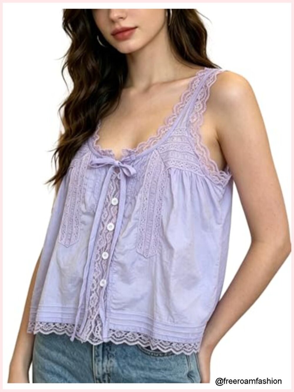100% Cotton Boho Lace Trim Tie Front Tank Crop Top, Button Down Flowy Beach Top